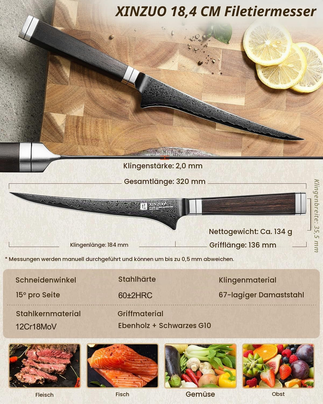 XINZUO 18,4cm Damaststahl Filetiermesser-Schwarze Klinge -67 Schichten Damastmesser Fischmesser Prof