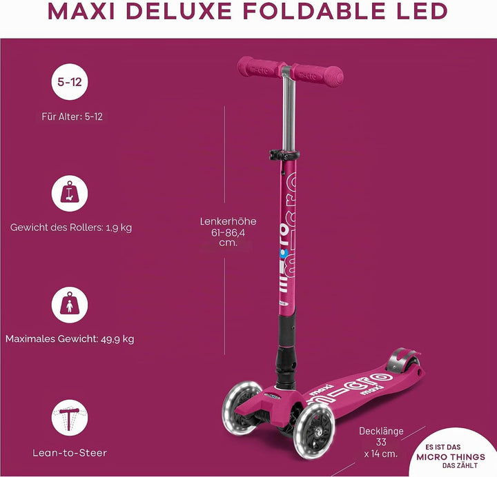 Micro Kickboard Maxi Deluxe Scooter, faltbar, LED, 3 Räder, Lean-to-Steer, Schweizer Design, mit bew
