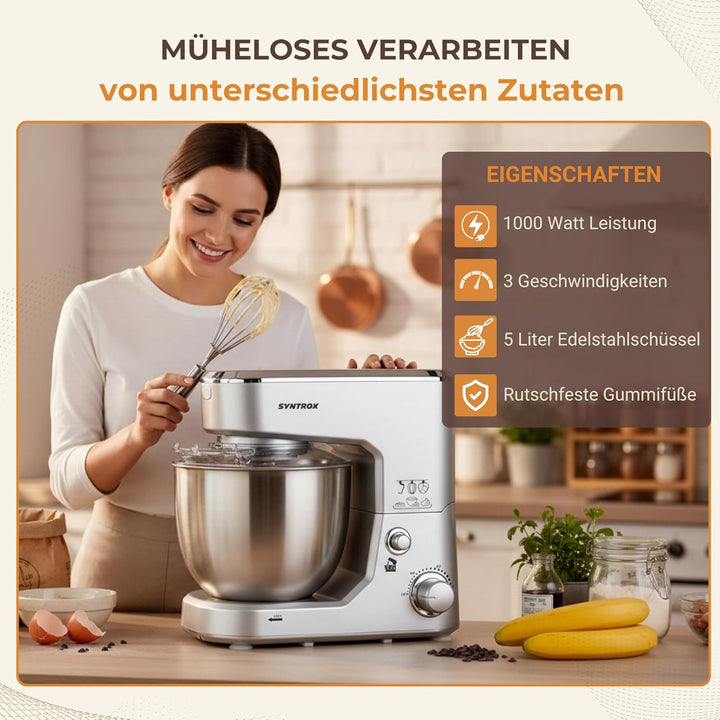 Syntrox 5,0 l Küchenmaschine Wezen | Knetmaschine | Rührmaschine | Spiralkneter, Multifunktional, 5