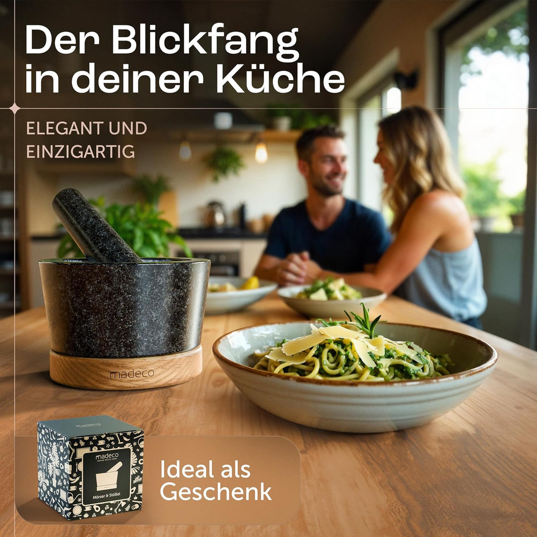 madeco Mörser mit Stössel Granit auf Holzsockel Eiche Ø 14,5 cm - Perfekt geeignet für Gewürze, Kräu