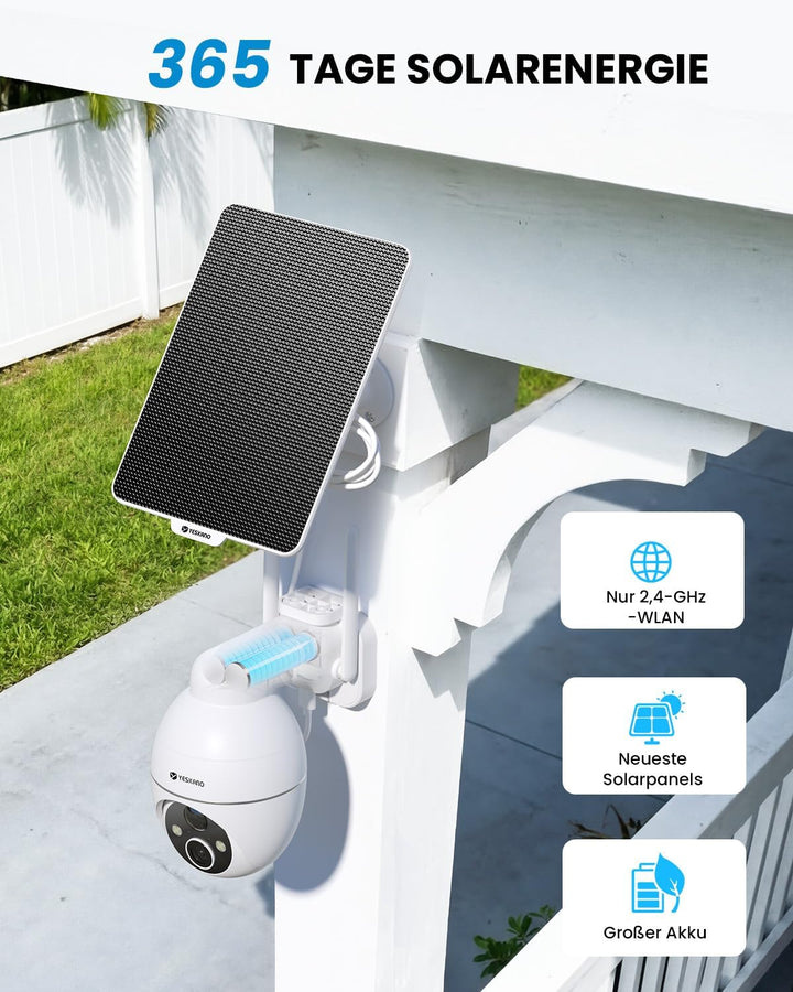 2K Überwachungskamera Aussen Akku Solar, Kabellos 2,4GHz WLAN Outdoor Kamera, 360° PTZ Kamera Überwa