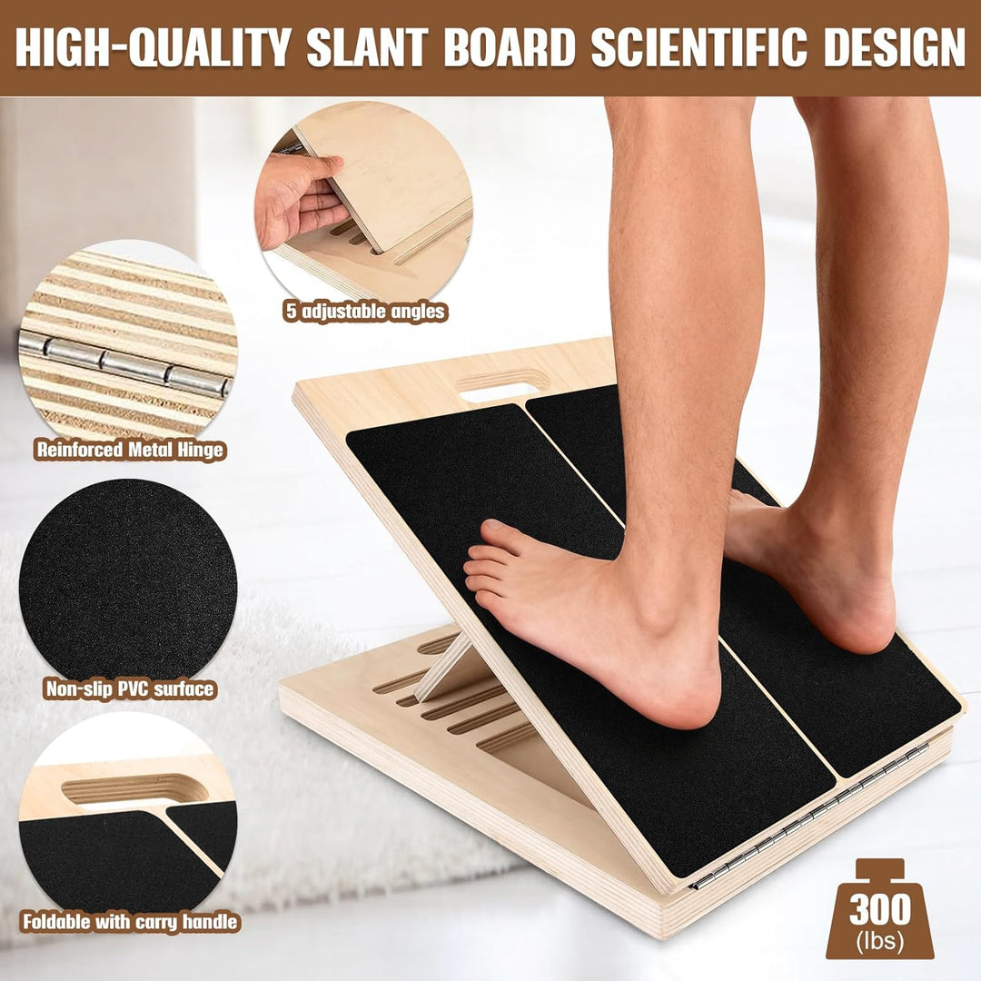 Verstellbares Schrägbrett aus Holz 40 × 30 × 4,5 cm mit 5 elastischen Bändern – rutschfeste Fitness-