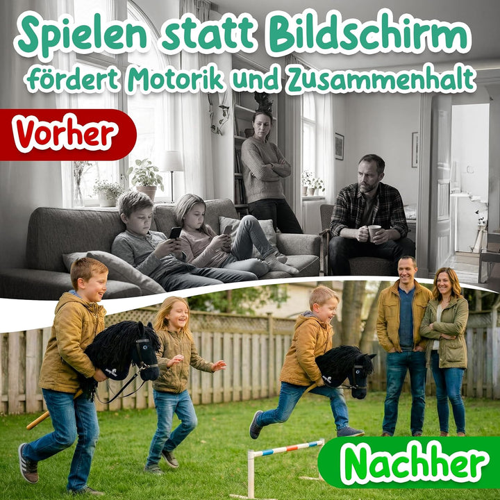 Premium Hobby Horse,Steckenpferd,Stockpferd mit realistischen Augen & Stall‑Karton – Braun oder Schw