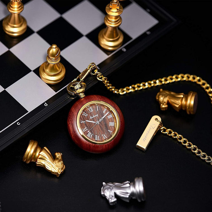 TREEWETO Unisex Holz Taschenuhr mit Kette Analog Quarz Römische Ziffern