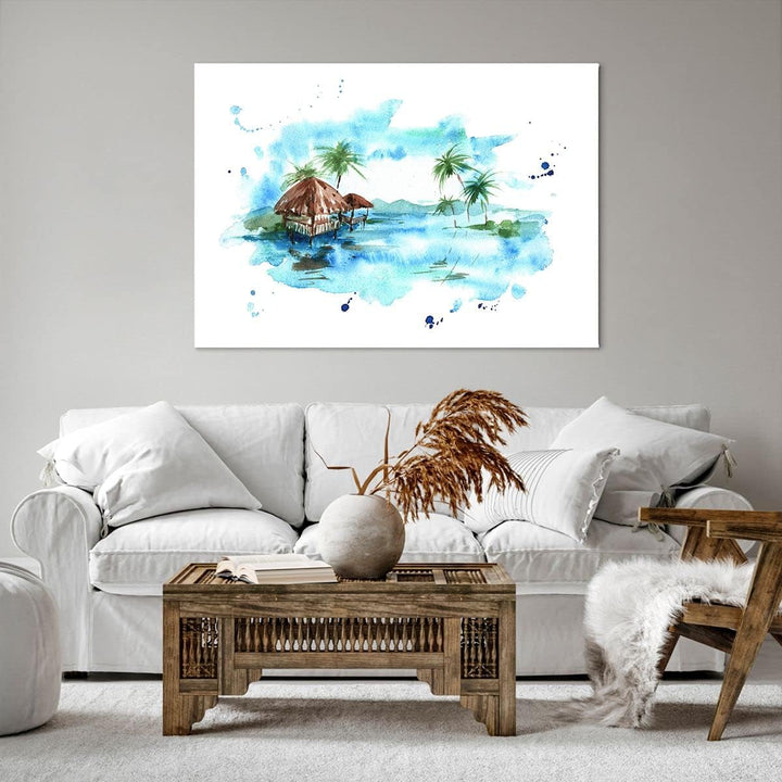 Bilder auf Leinwand 100x70cm Leinwandbild Tropen Wasser Bungalow Ufer Gross Wanddeko Bild Schlafzimm