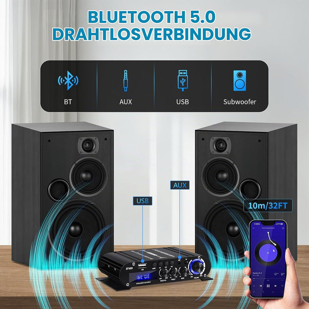 HiFi-Verstärker ST-839 Bluetooth5.0 Stereo-Audioverstärker Receivers 2.1 Kanäle 25WX2+40W Max. 100W