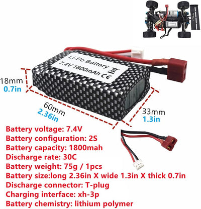 2PCS 7.4V 1800mAh Lipoakku mit 2 in 1 Ladegerät für WLTOYS A959-B A969-B A979-B K929-B 144001 Hochge