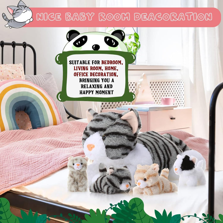 Skylety 5 Stück Katze Kuscheltier mit Babys Darin Mama Katze mit 4 Süssen Flauschigen Kätzchen Plüsc