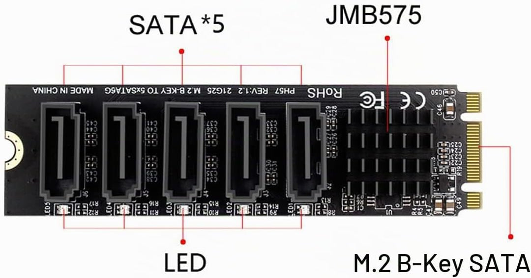 NFHK NGFF JMB575 2280 Key B+M zu SATA 3.0 6 Gbps 5 Ports Classic, Classic