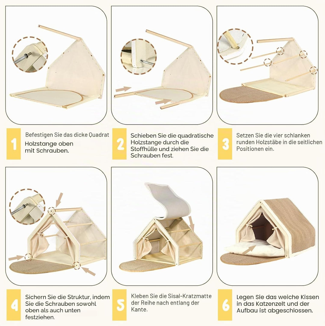 2-in-1 Katzenhaus Mit Kratzbrett Aus Holz, Katzenzelt Indoor Mit Sisal Kratzfläche Und Weichem Plüsc