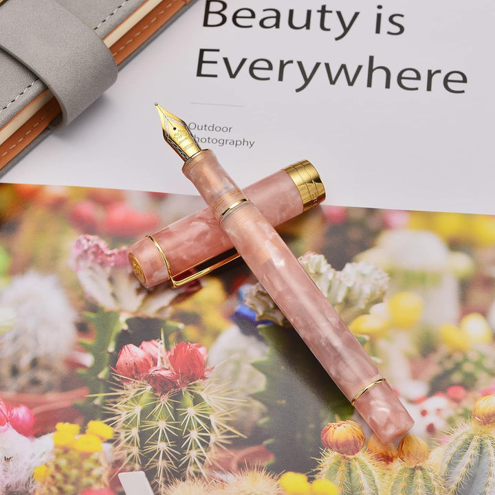 Jinhao 100 Classic Füllfederhalter Pink, mittlere Feder mit Konverter und Stifteetui Set Pink Marble