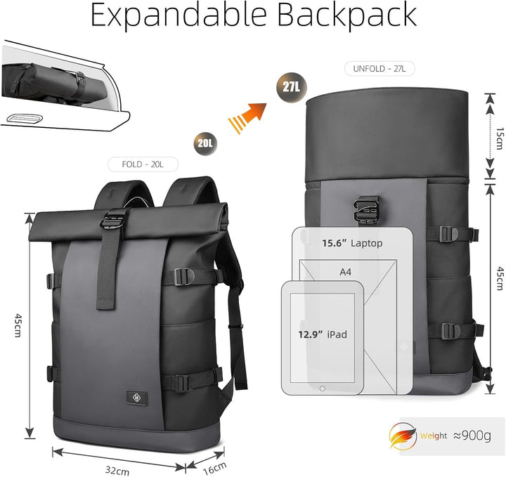 hk Rolltop Rucksack Herren Damen 15,6 Zoll Laptop Rucksack | Wasserdicht Gross Reiserucksack, Diebst