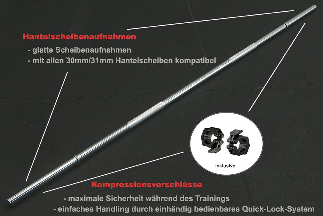 POWER-XTREME Langhantelstange 30mm Hantelstange | 180cm | mit Kompressionsverschlüssen | glatte Aufn