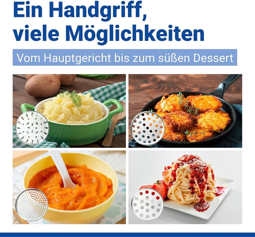 Multi-Presse XL aus Edelstahl, grosse Kartoffelpresse und Küchenpresse mit 4 Einsätzen, 330 ml Volum