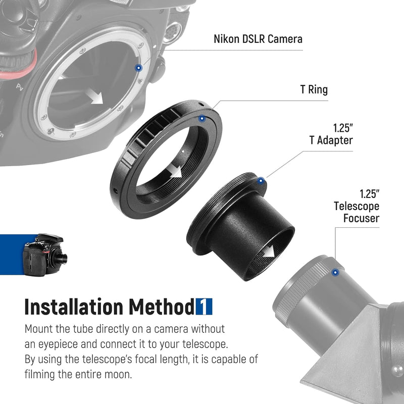 NEEWER Variabler 1,25" Teleskop Kameraadapter und 1,25" Verlängerungsrohrset, kompatibel mit Nikon D