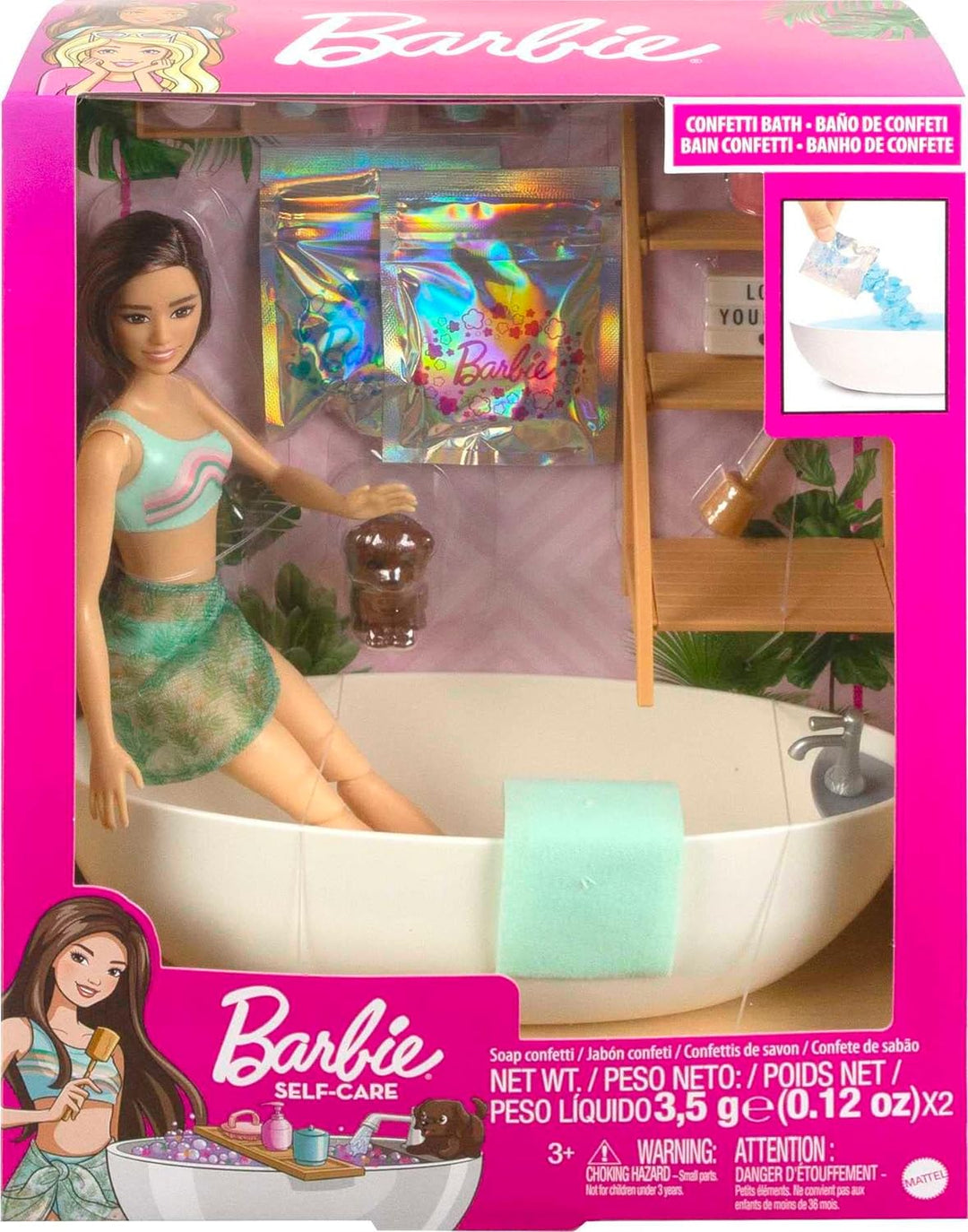 Barbie Self-Care Serie, Konfetti-Bad, Barbie-Puppe mit braunen Haaren, Badeanzug, Welpe, Badewanne,