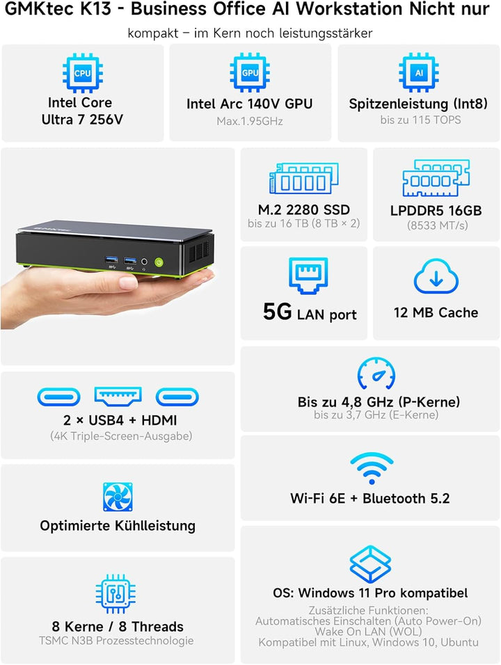GMKtec K13 Mini PC Intel Ultra 7 256V mit 5G LAN|PD-Stromversorgung(8K/8T Bis zu 4.8GHz) K13 Micro P