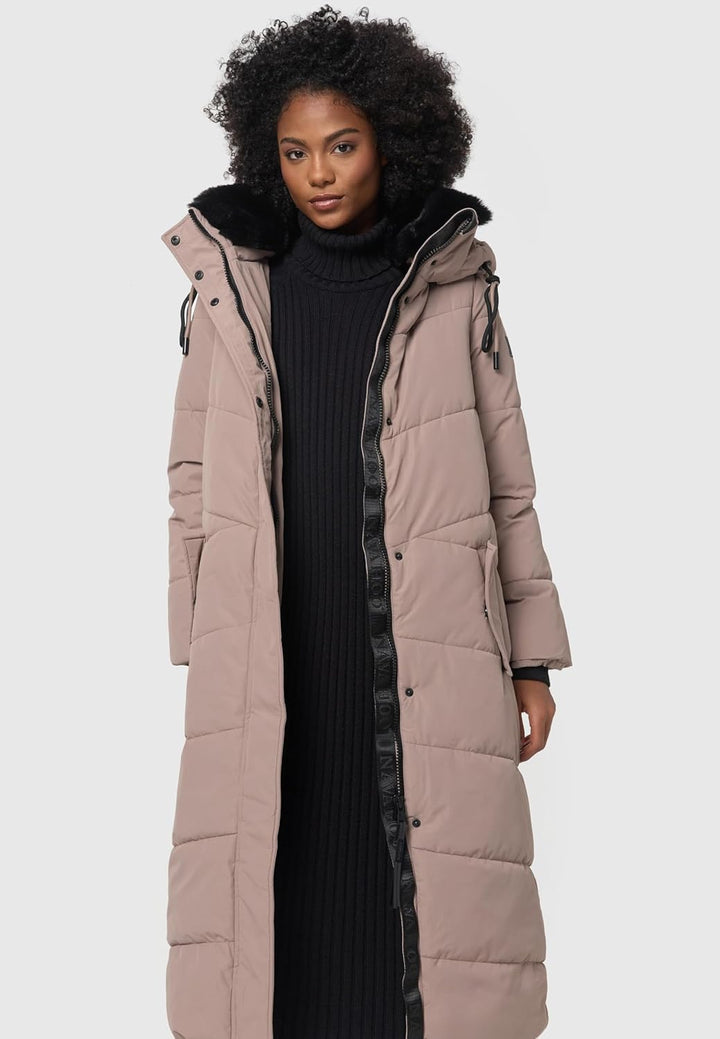 Navahoo Damen Wintermantel Steppmantel extralang mit abnehmbarer Kapuze Hingucker XIV XS-XXL L Taupe