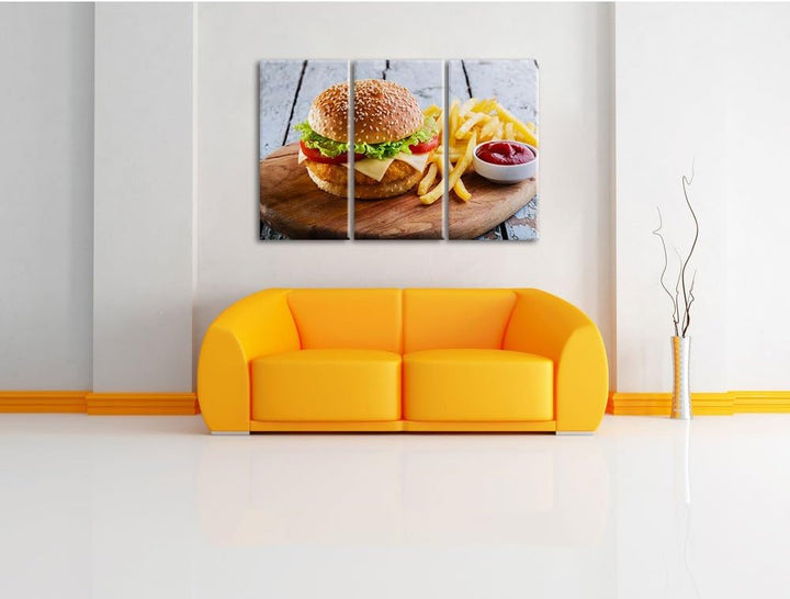 Pixxprint Chickenburger Pommes als Leinwandbild/Grösse: 3 Teilig (120x80 cm) cm/Wandbild/Kunstdruck/