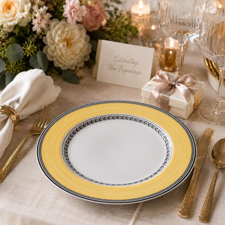 Villeroy und Boch Audun Fleur Speiseteller, 27 cm, Premium Porzellan, Weiss/Grau/Gelb 27 cm Flache P