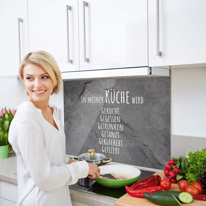 GRAZDesign Spritzschutz Küche Glas Granitoptik, Glasplatte Küche lustiger Spruch, Küchenrückwand Gla