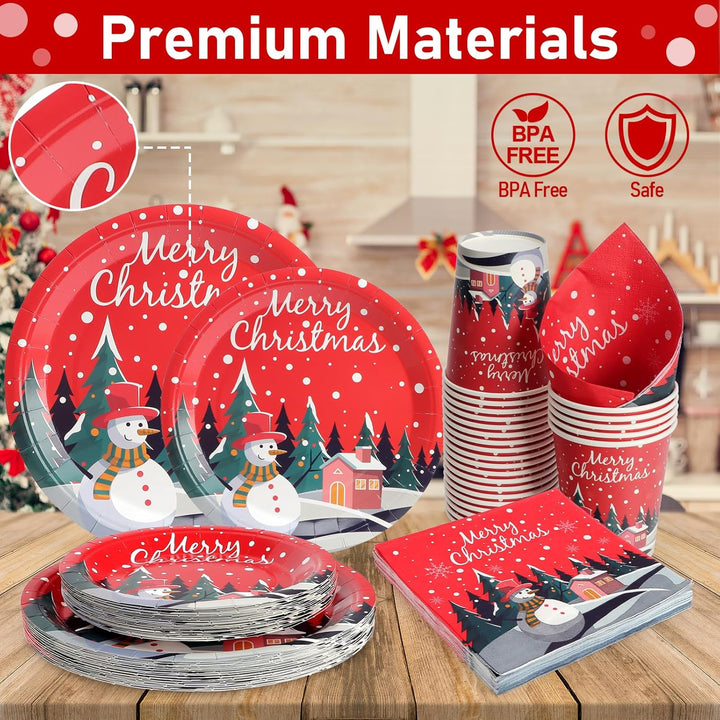 96 Stück Pappteller Weihnachten, Partygeschirr Set Weihnachtsparty Pappteller Servietten Pappbecher