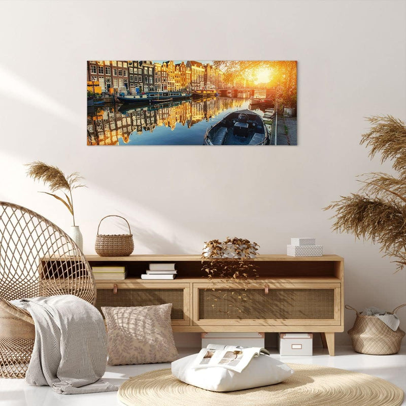 Wandbilder Dekoration Wohnzimmer Kanal Boot Amsterdam Wasser Panorama Bilder auf Leinwand 120x50cm L