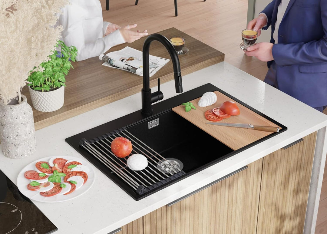 Granitspüle Schwarz 78x50 cm, Spülbecken + Ablauf-Set + Küchenarmatur 9050, Küchenspüle für 80er Unt
