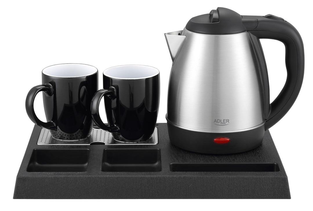 Adler Wasserkocher Set Edelstahl 1,2L mit Tablett & 2 Tassen | Kompakte Teestation & Kaffeebar für H