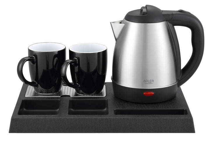 Adler Wasserkocher Set Edelstahl 1,2L mit Tablett & 2 Tassen | Kompakte Teestation & Kaffeebar für H