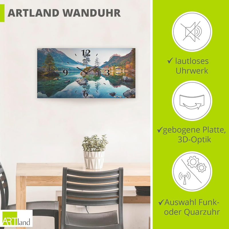 ARTLAND Wanduhr ohne Tickgeräusche Alu Quarzuhr lautlos 50x25 cm Rechteckig Landschaftsbilder Natur