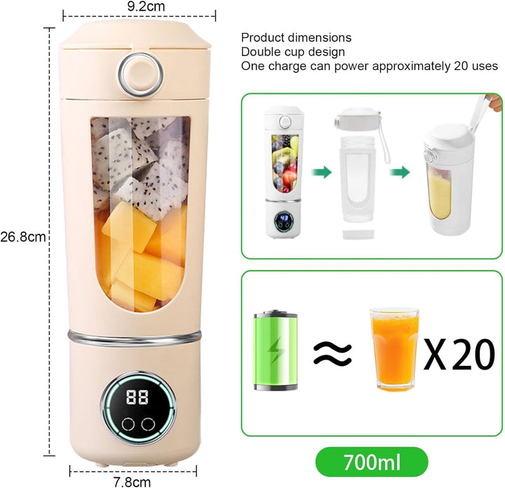 Smoothie Maker to Go, 700ml Tragbarer Mixer, Portable Blender mit 12-Klingen Edelstahl, Mini Mixer f