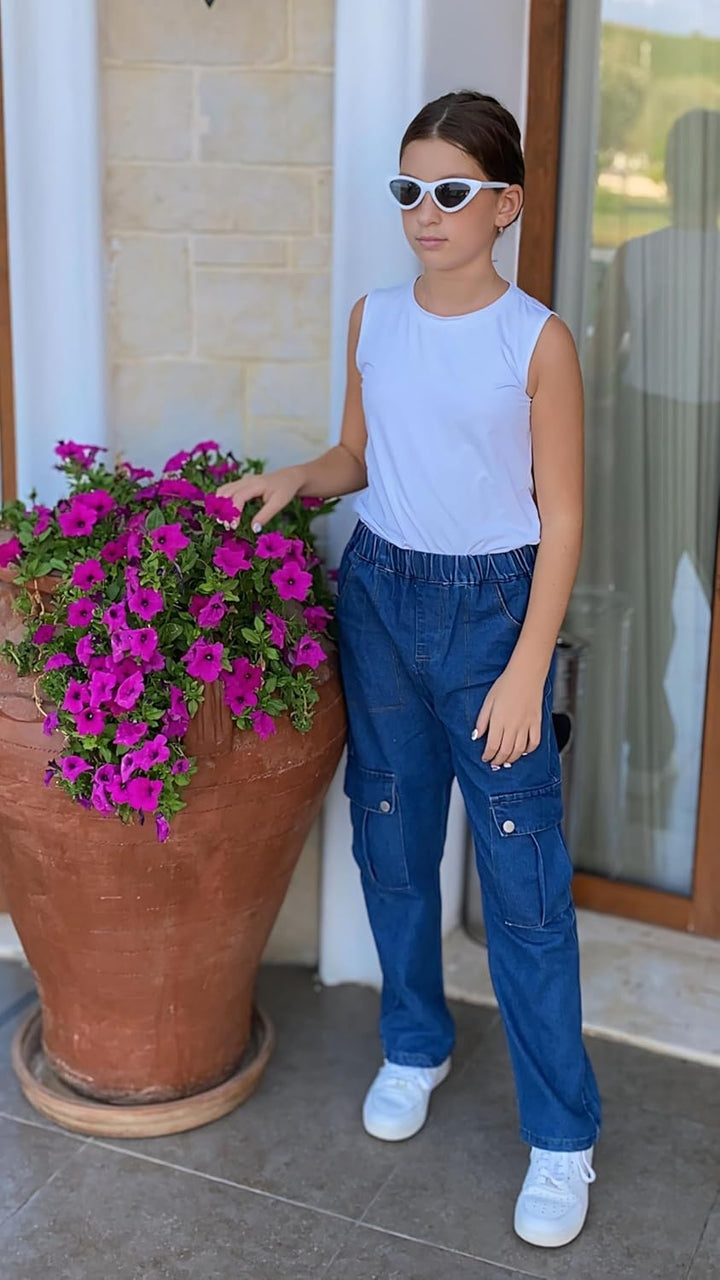 Rolanko Mädchen Jean Hosen Loch Denim Blau Jeans, Vintage Hose mit weitem Bein für Kinder Fit 8-9 Ja
