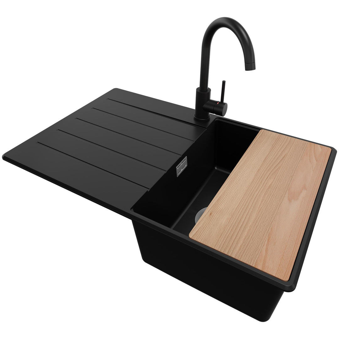 Spülbecken Schwarz 78x50 cm, Granitspüle + Ablauf-Set + Küchenarmatur 5000, Küchenspüle für 45er Unt