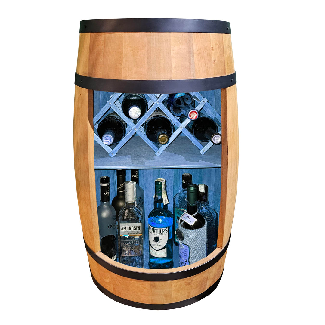 CREATIVE COOPER Fass bar LED RGB mit Weinhalter - Weinregal - Holzfass Hausbar 80x50cm - Rustikaler
