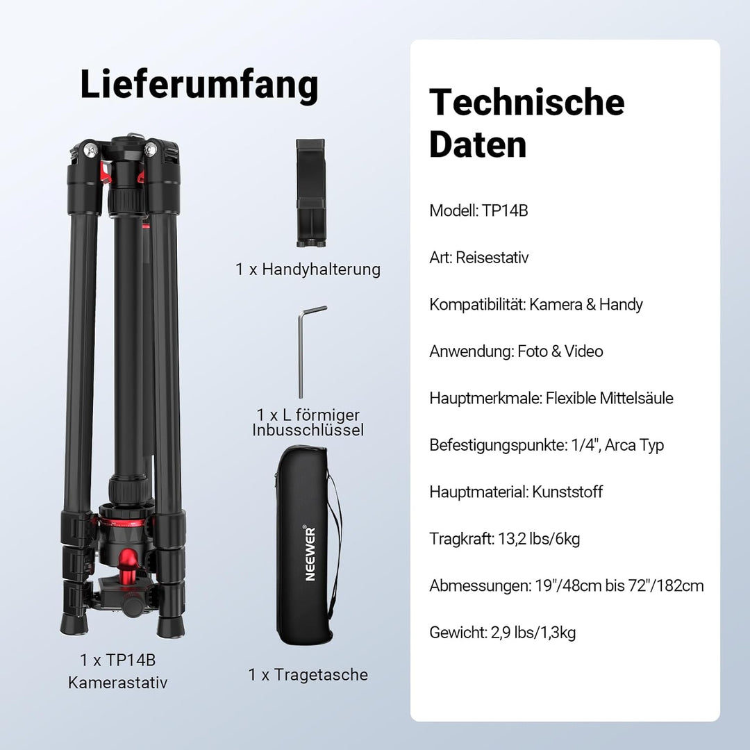 NEEWER Basics 72" / 182cm Reisestativ Einbeinstativ kompakter Leichter tragbarer Kamera Stativ Ständ