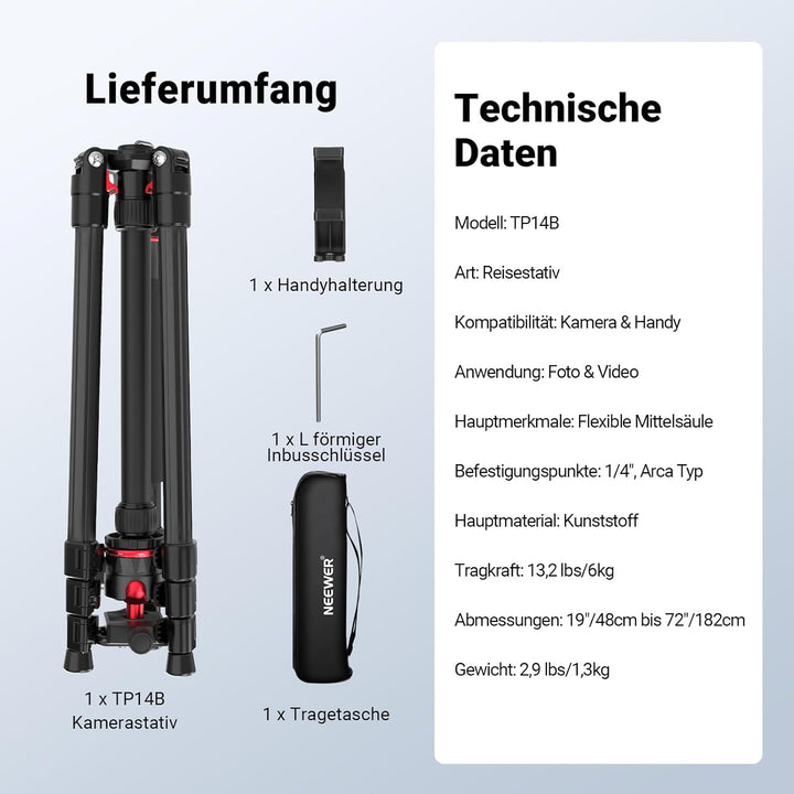 NEEWER Basics 72" / 182cm Reisestativ Einbeinstativ kompakter Leichter tragbarer Kamera Stativ Ständ