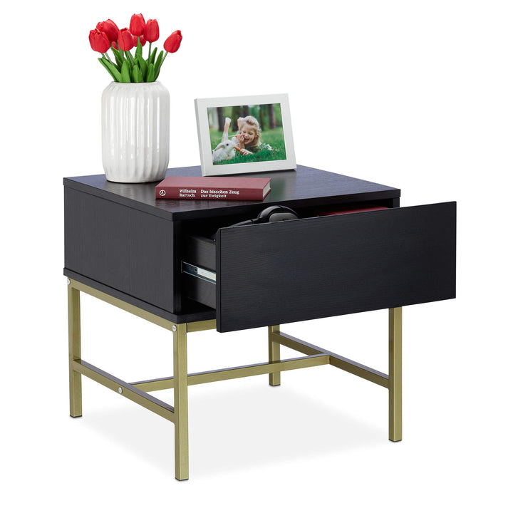 Relaxdays Nachttisch schwarz, quadratischer Beistelltisch m. Schublade, Holz, goldenes Metallgestell