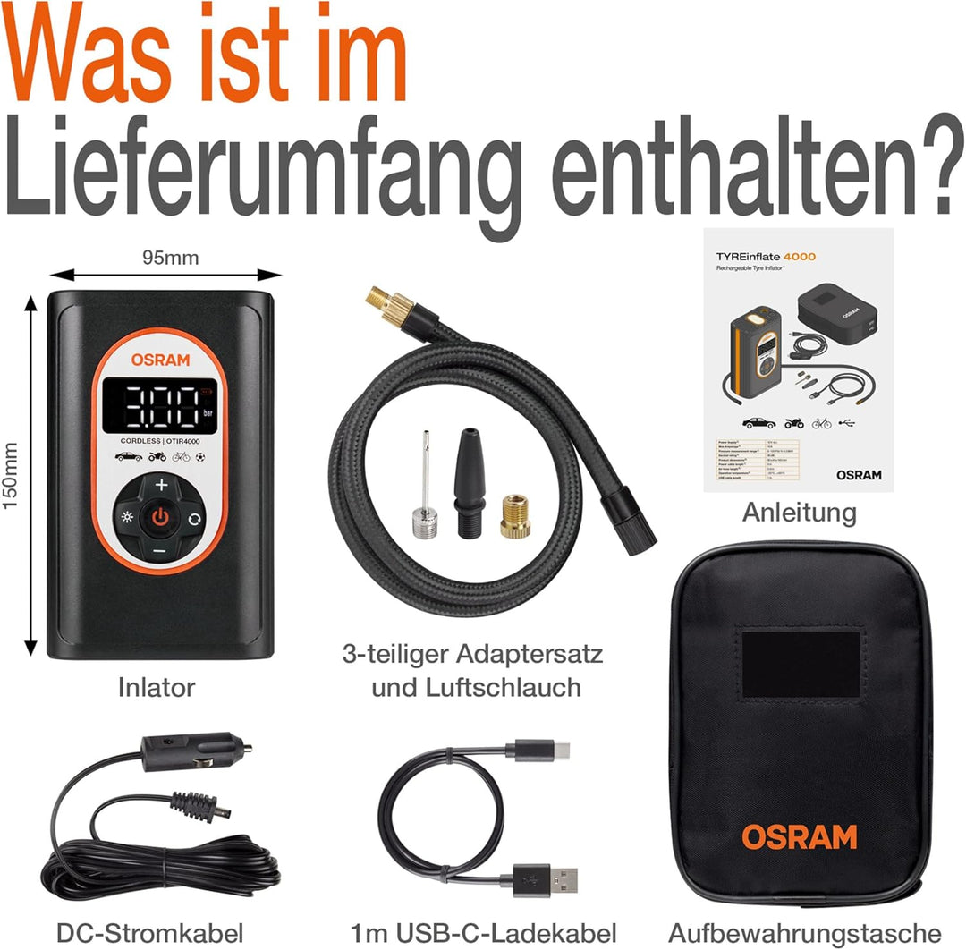 OSRAM TYREinflate 4000, wiederaufladbarer und kabelloser Reifenfüller, programmierbarer digitaler Lu