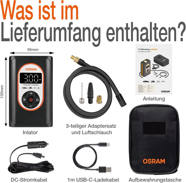 OSRAM TYREinflate 4000, wiederaufladbarer und kabelloser Reifenfüller, programmierbarer digitaler Lu