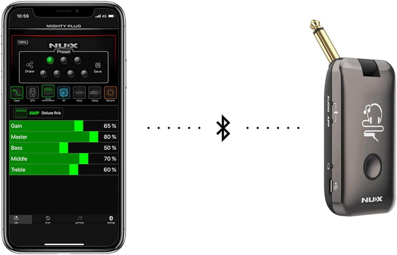 Nux MP-2 Mighty Plug Drahtlose Verstärker- und Effekt-Simulation für Gitarre und Bass + keepdrum Net