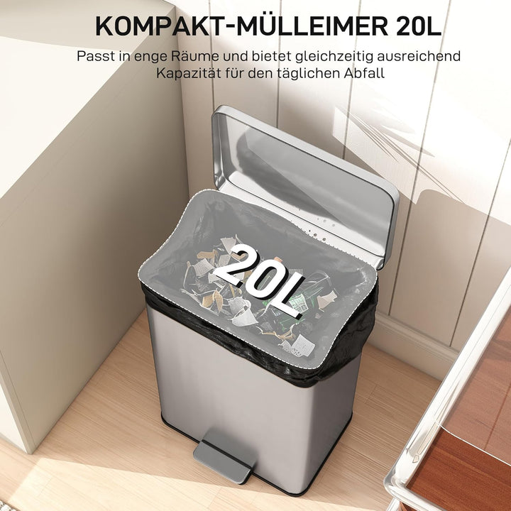 HOMCOM Mülleimer 20 L Treteimer mit Softclose-Deckel, Pedal, Abfalleimer mit abnehmbar Inneneimer, A