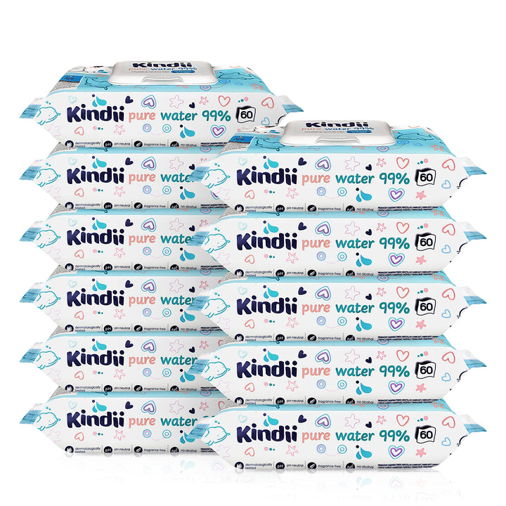 Kindii Feuchttücher Pure Water 99% – (12x60 Stück) Feuchttücher für Babys und Kinder – unparfümiert,