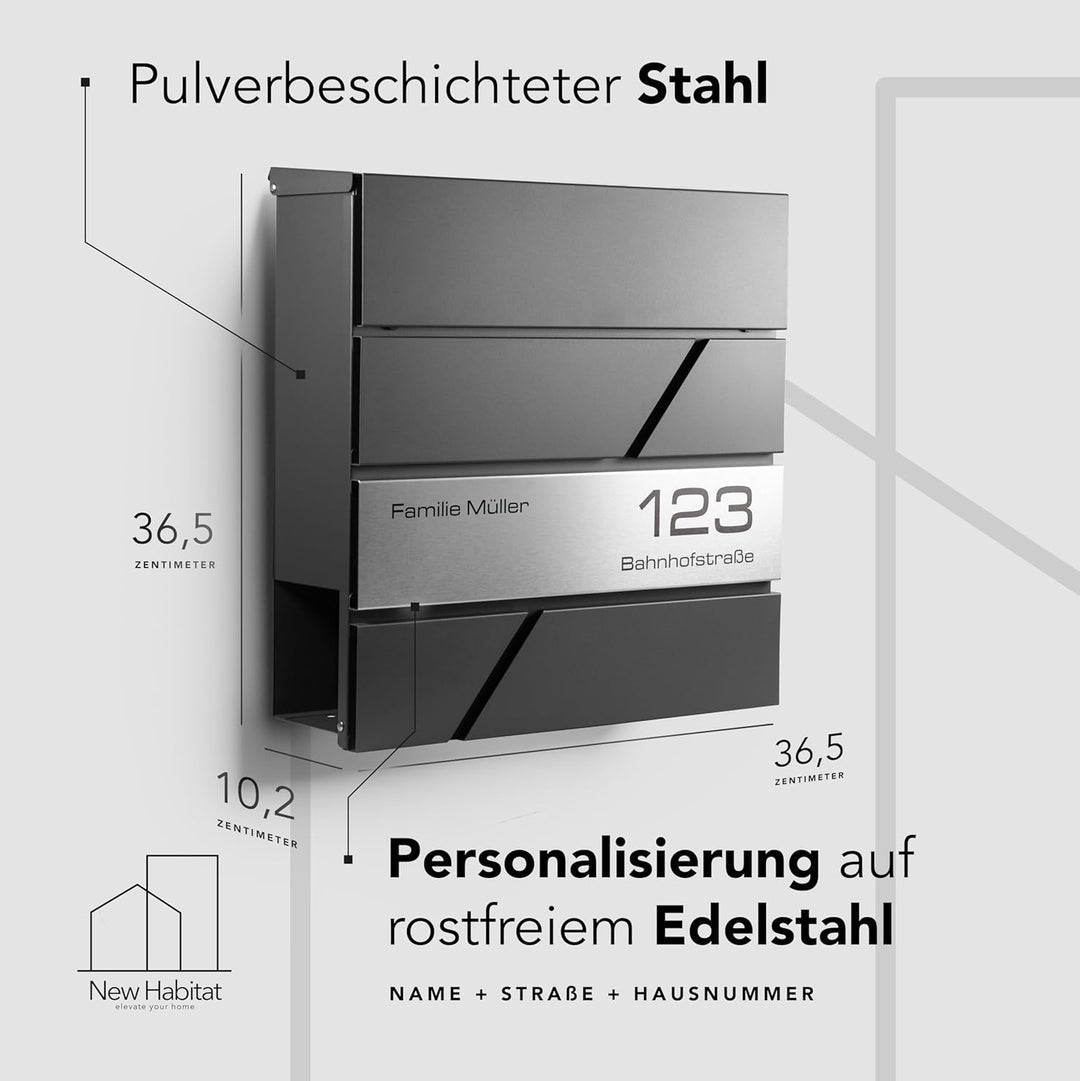 NewHabitat I Moderner Briefkasten Anthrazit mit Zeitungsfach - Wandbriefkasten personalisiert mit Ed