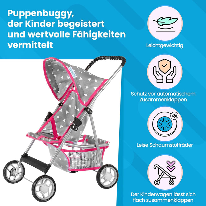 Kinderplay Puppenwagen, Puppen Buggy Kinderwagen, Buggy mit Anschnallgurt und Einkaufsnetz - Babyspi
