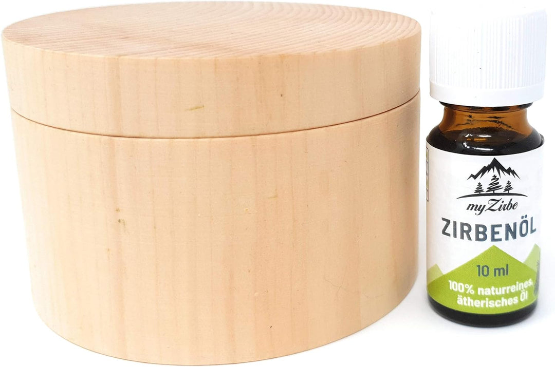 Zirben Duftset mit Zirbeholz Schale verschliessbar, Zirbenspänen aus 100% Alpen Zirbenholz und 10ml