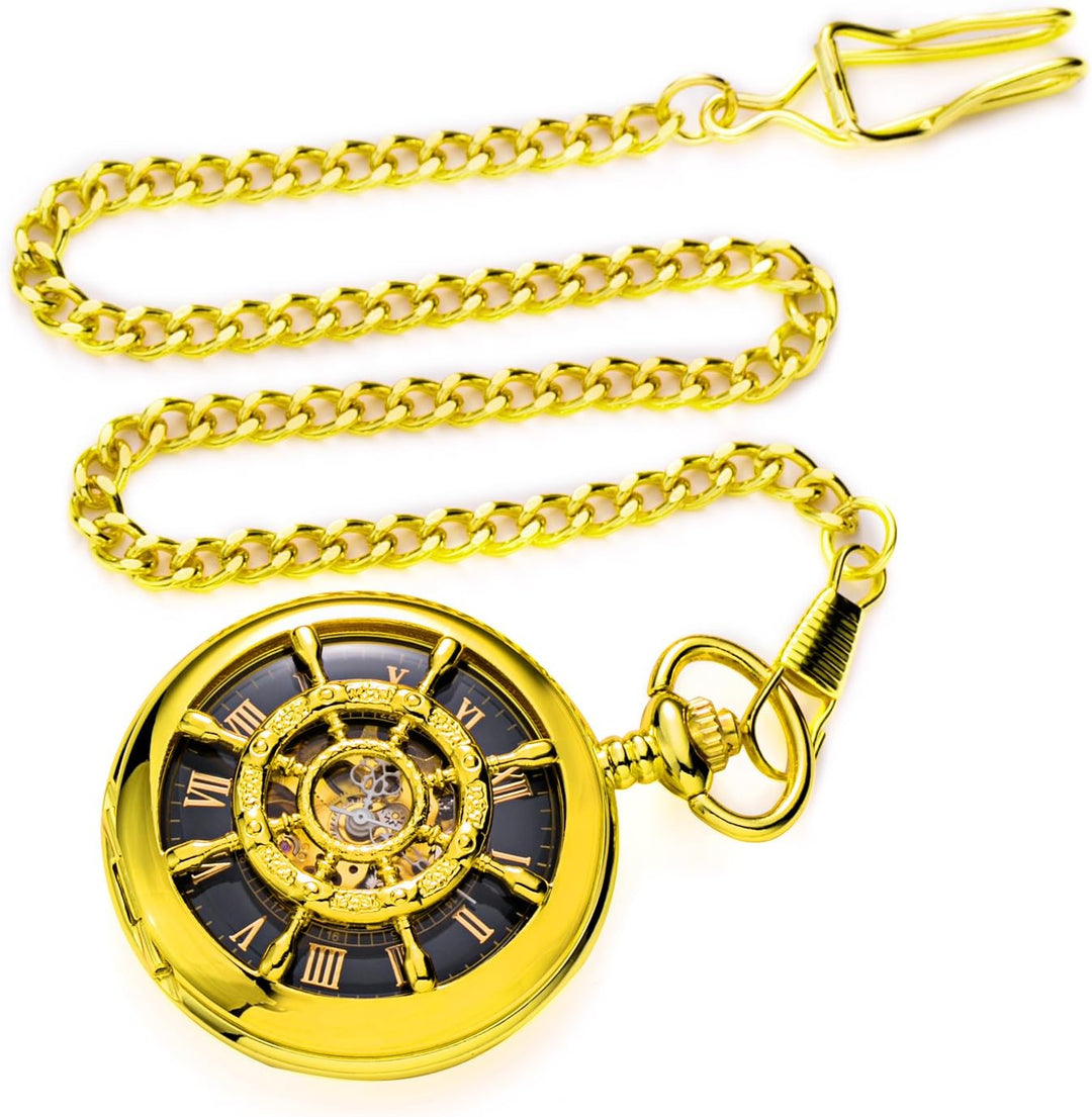 TREEWETO Unisex Taschenuhr mit Kette Analog Handaufzug Doppelscharnier Ruder Skelett Gold