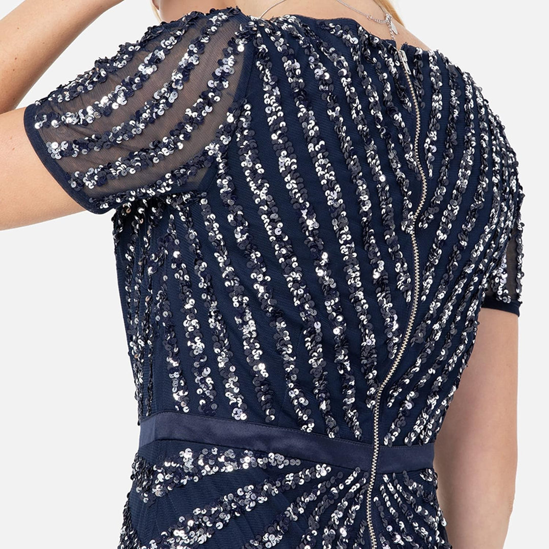 Maya Deluxe Damen Pailletten Maxi Abendkleid Elegant für Hochzeit V-Ausschnitt A-Linien-Schnitt Brau