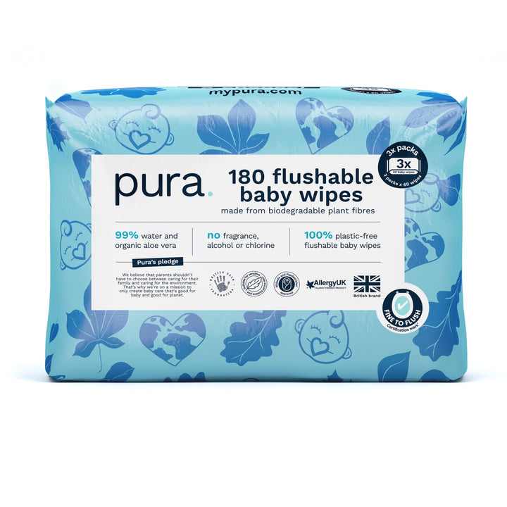Pura Spülbare Öko-Baby-Feuchttücher für empfindliche Babyhaut, 180 Tücher (3 x 60 Tücher), 99% Wasse