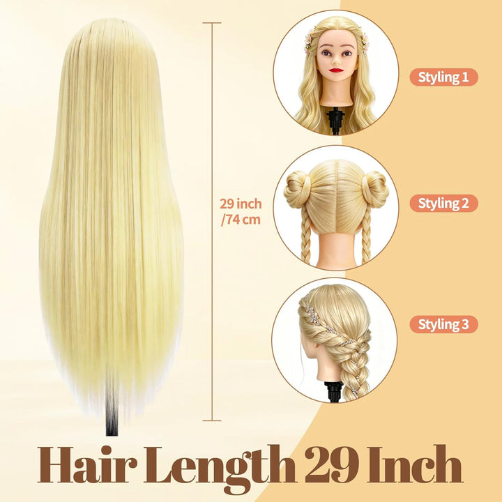 Yofuly 28-29Zoll / 71–74cm Frisierkopf mit Ohrlöchern, 100% Synthetikfaser-Haar Styling Kopf, Frisie